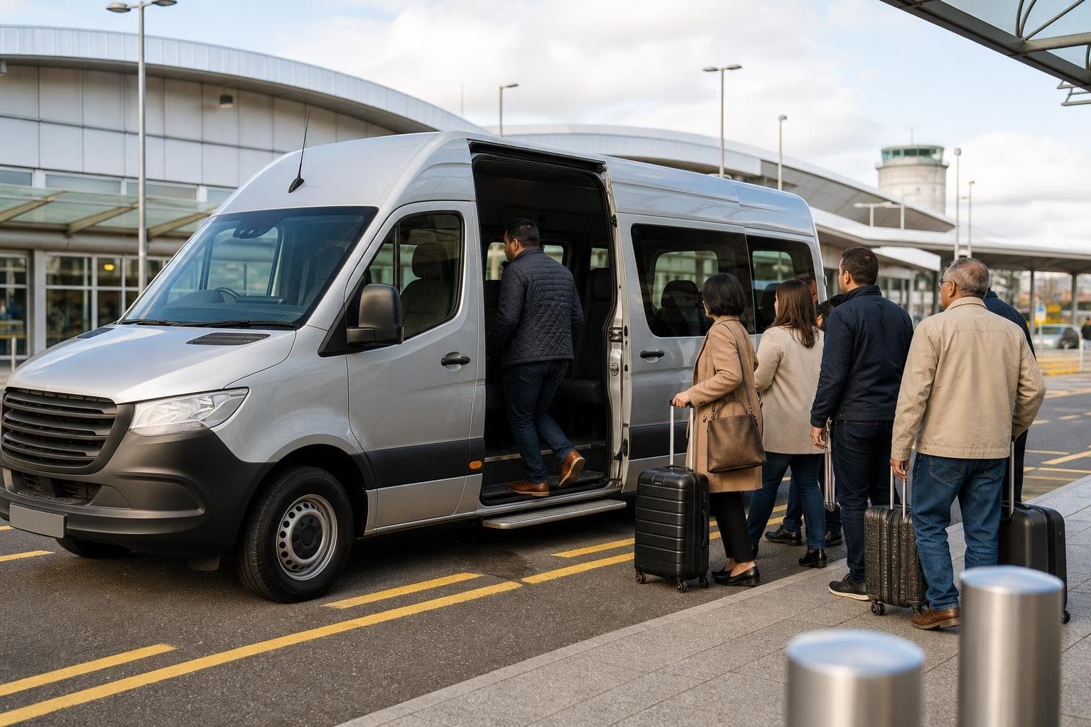 Modern minibus with passengers loading luggage for a group transfer