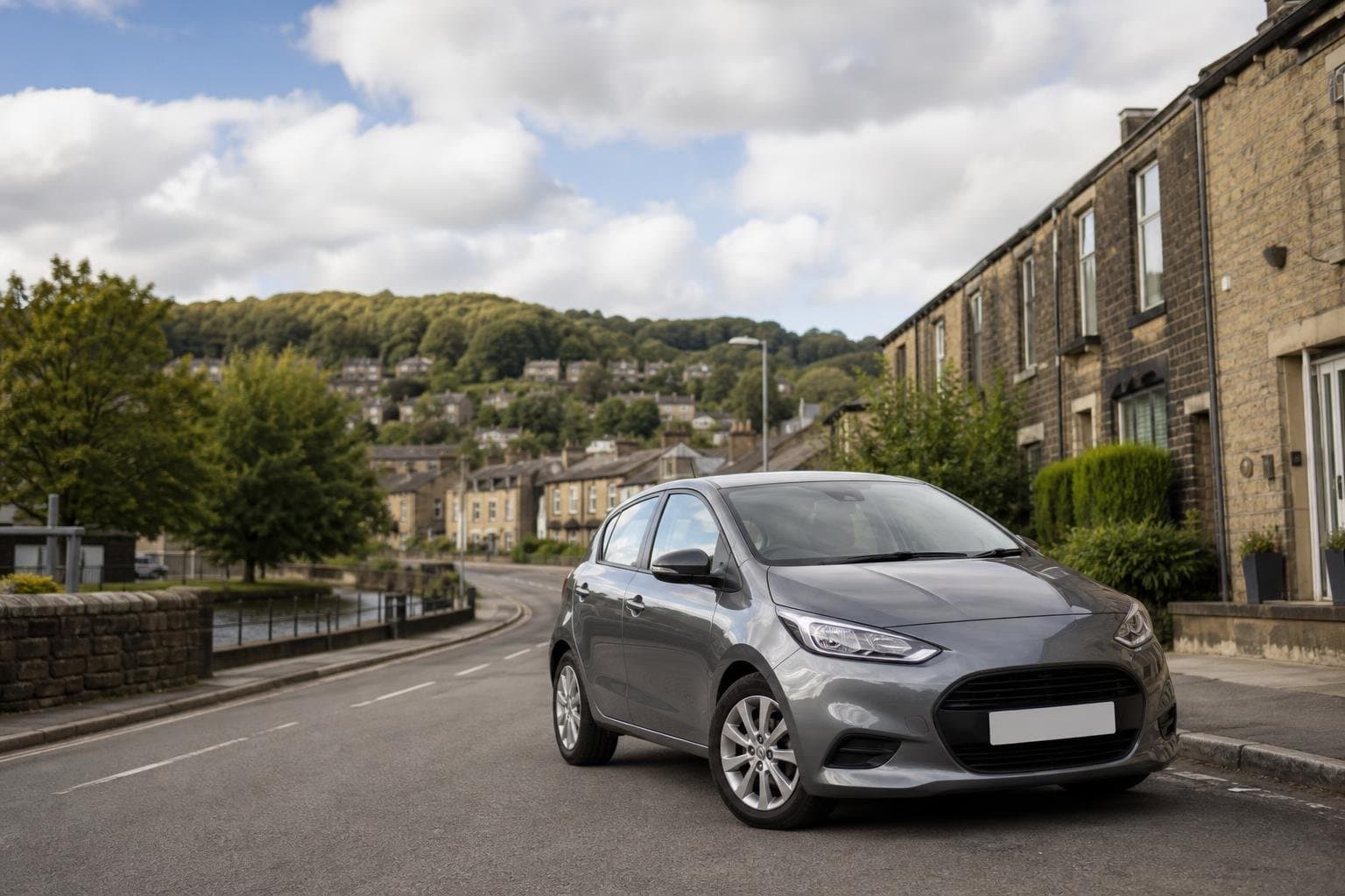 Compact hire car parked on a practical local route in Keighley