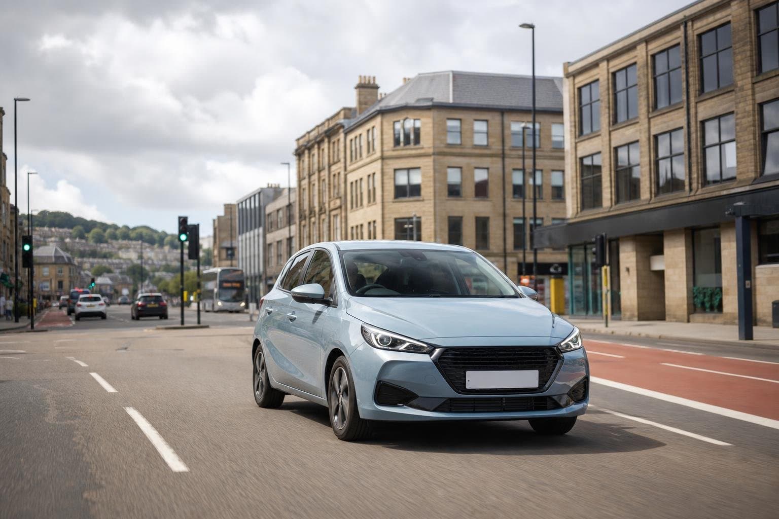 Compact hire car on a town-centre road in Huddersfield